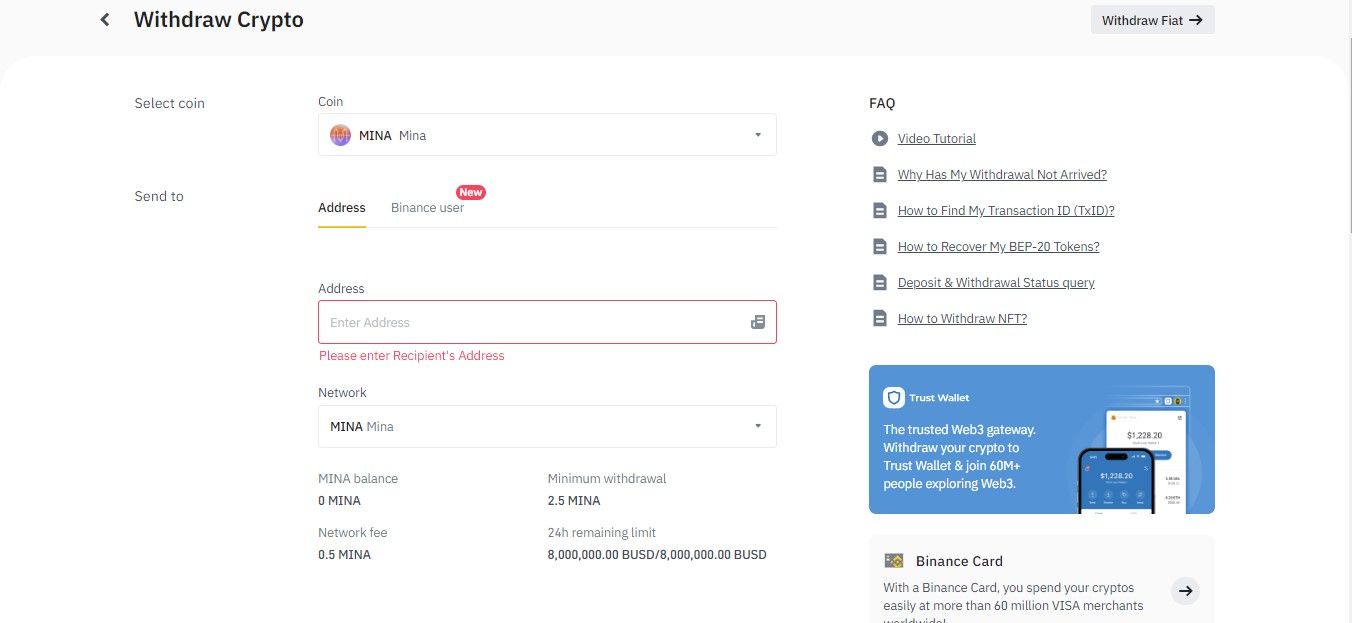 Transfer Mina From Binance