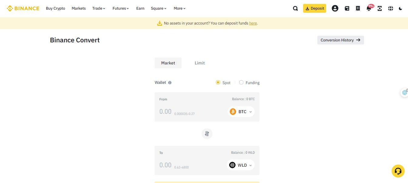 Convert BTC to WLD on Binance