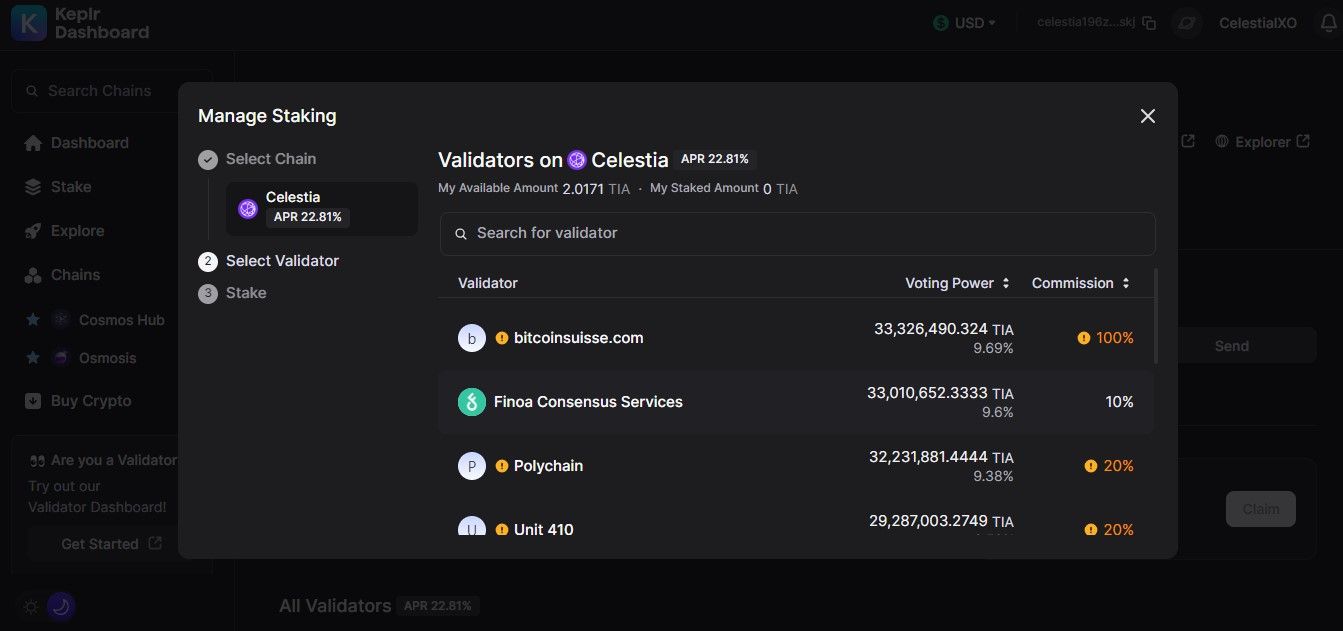 How to Stake Celestia ($TIA) with Validators