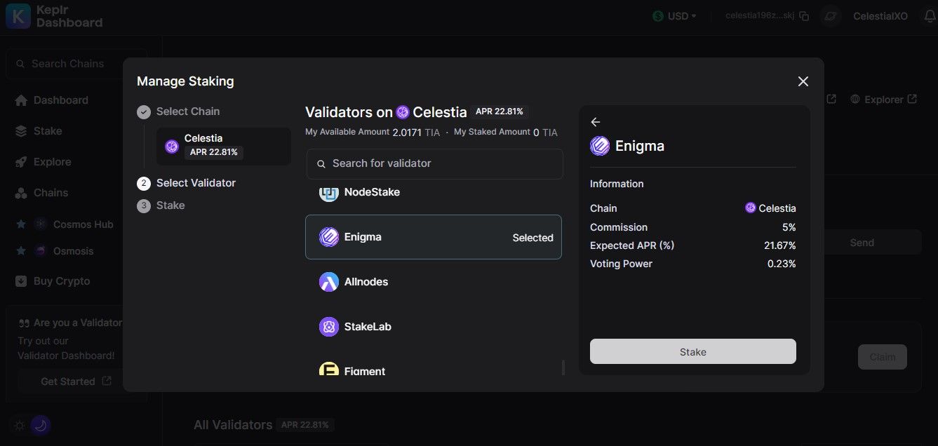 How to Stake Celestia ($TIA) with Validators