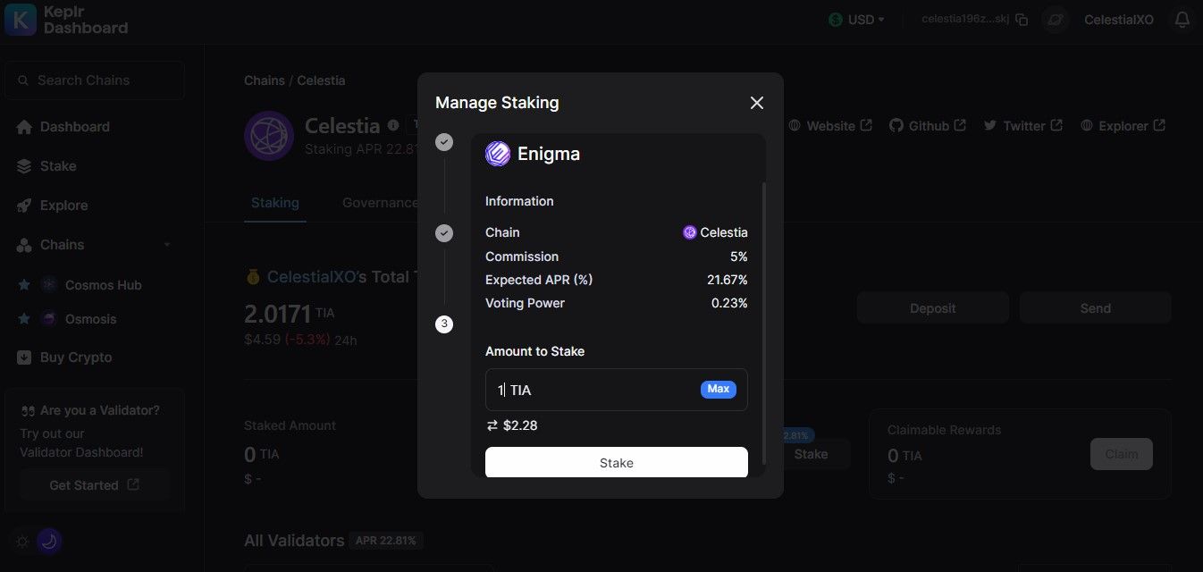 How to Stake Celestia ($TIA) with Validators